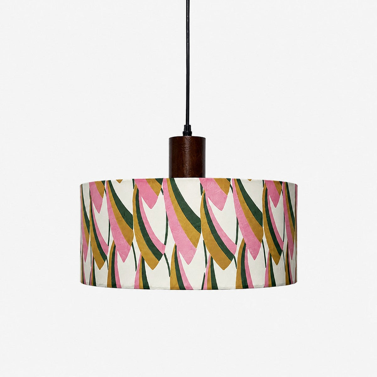 Printed Fabric Drum Pendant Light with Walnut Wood Holder | Souliia