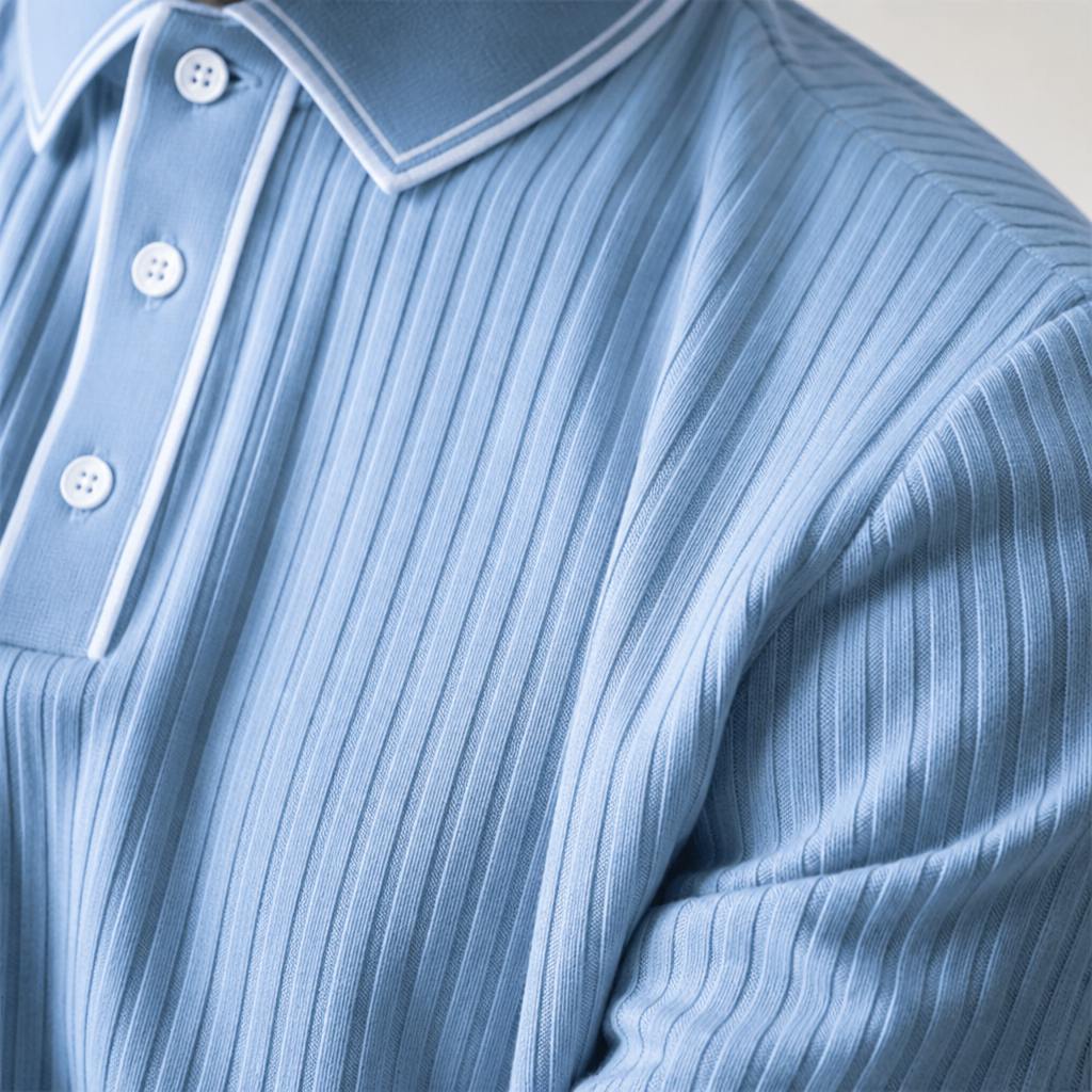 VeroStride – Retro Ribbed-Knit Polo with Contrast Tipped Collar - Souliia