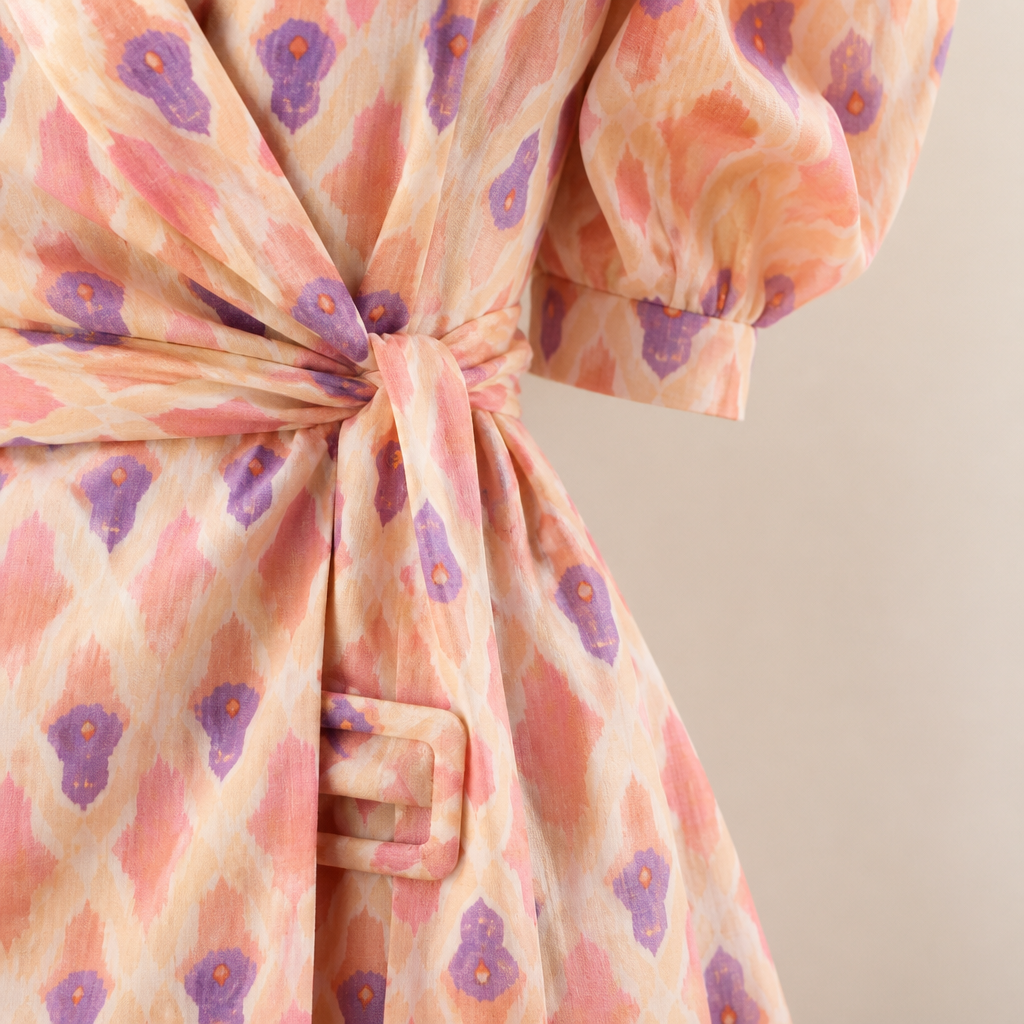 Virelli – Retro Printed Wrap Top & Flared Pant Set with Tie Belt - Souliia