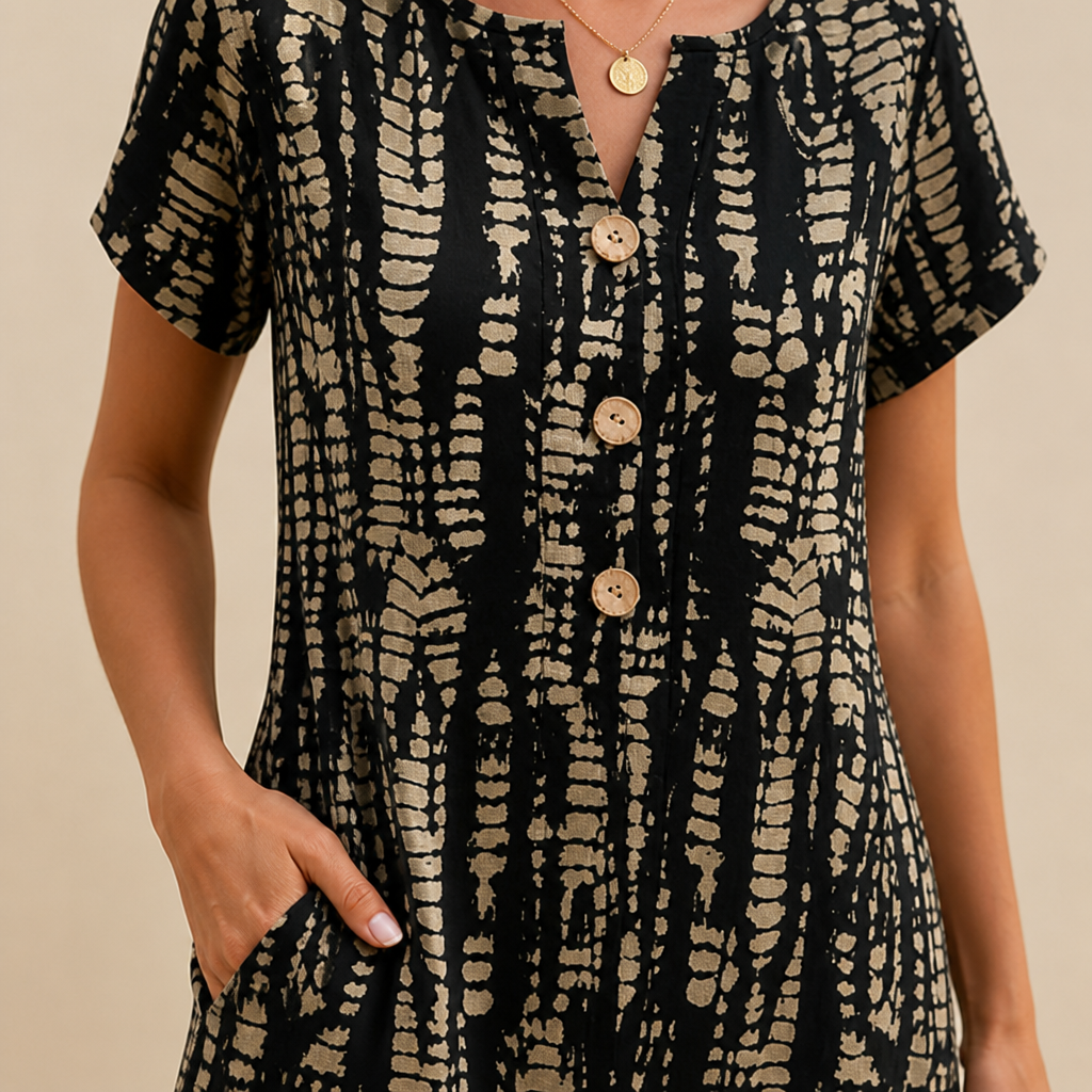 VelaMuse – Relaxed Button-Front Abstract Print Swing Dress with Pockets - Souliia