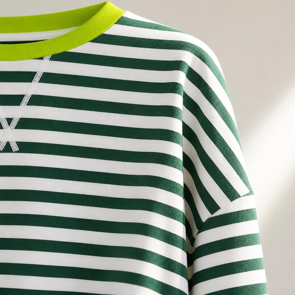 VeroLuxe – Relaxed Striped Crewneck Sweatshirt with Contrast Trim - Souliia