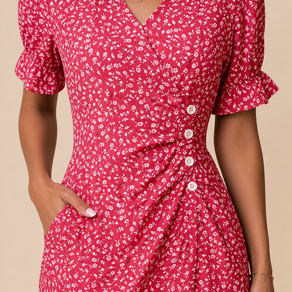 SeraphineAura – Ditsy Floral Wrap Midi Dress with Ruched Tulip Hem - Souliia