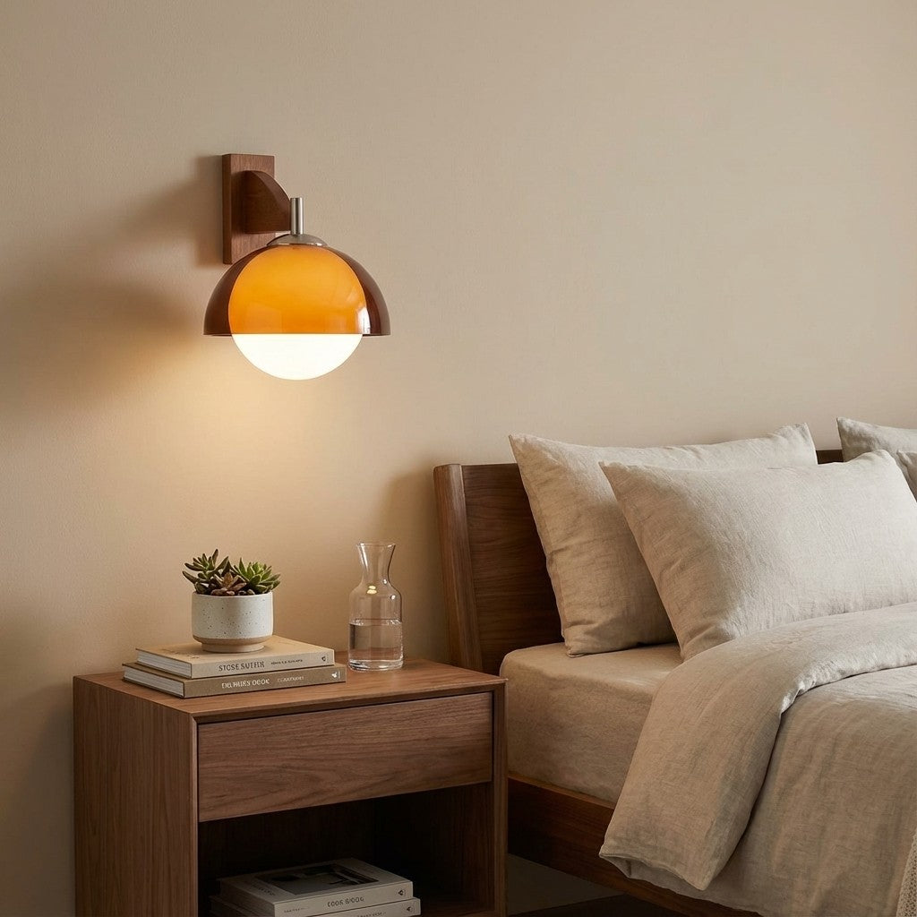 Sunset Glow Moderne Wandleuchte mit Acrylschirm und Holzstruktur-Basis für Schlafzimmer, Flur, Wohnzimmer | Souliia