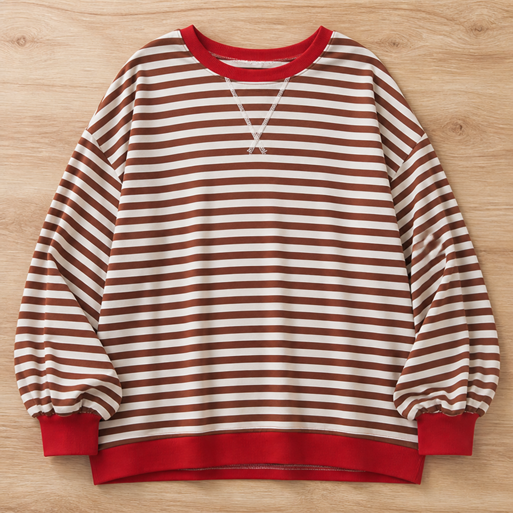 VeroLuxe – Relaxed Striped Crewneck Sweatshirt with Contrast Trim - Souliia