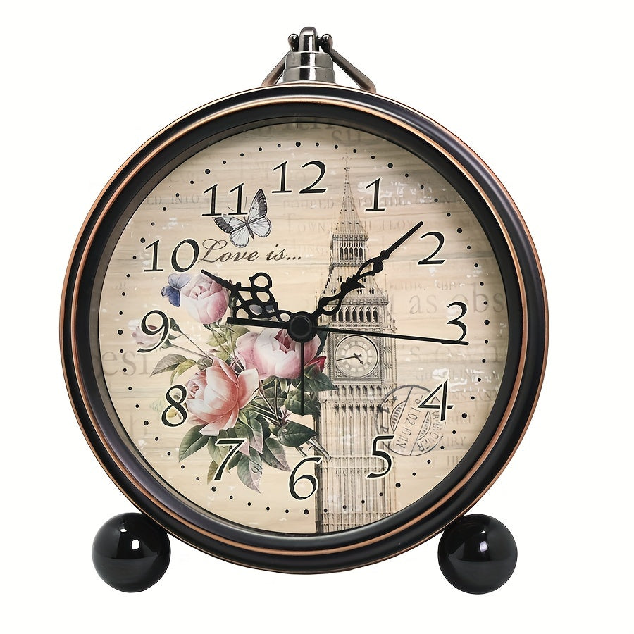 ElegantTime Metal Nightstand Alarm Clock — Quiet Analog Movement, Large Clear Display