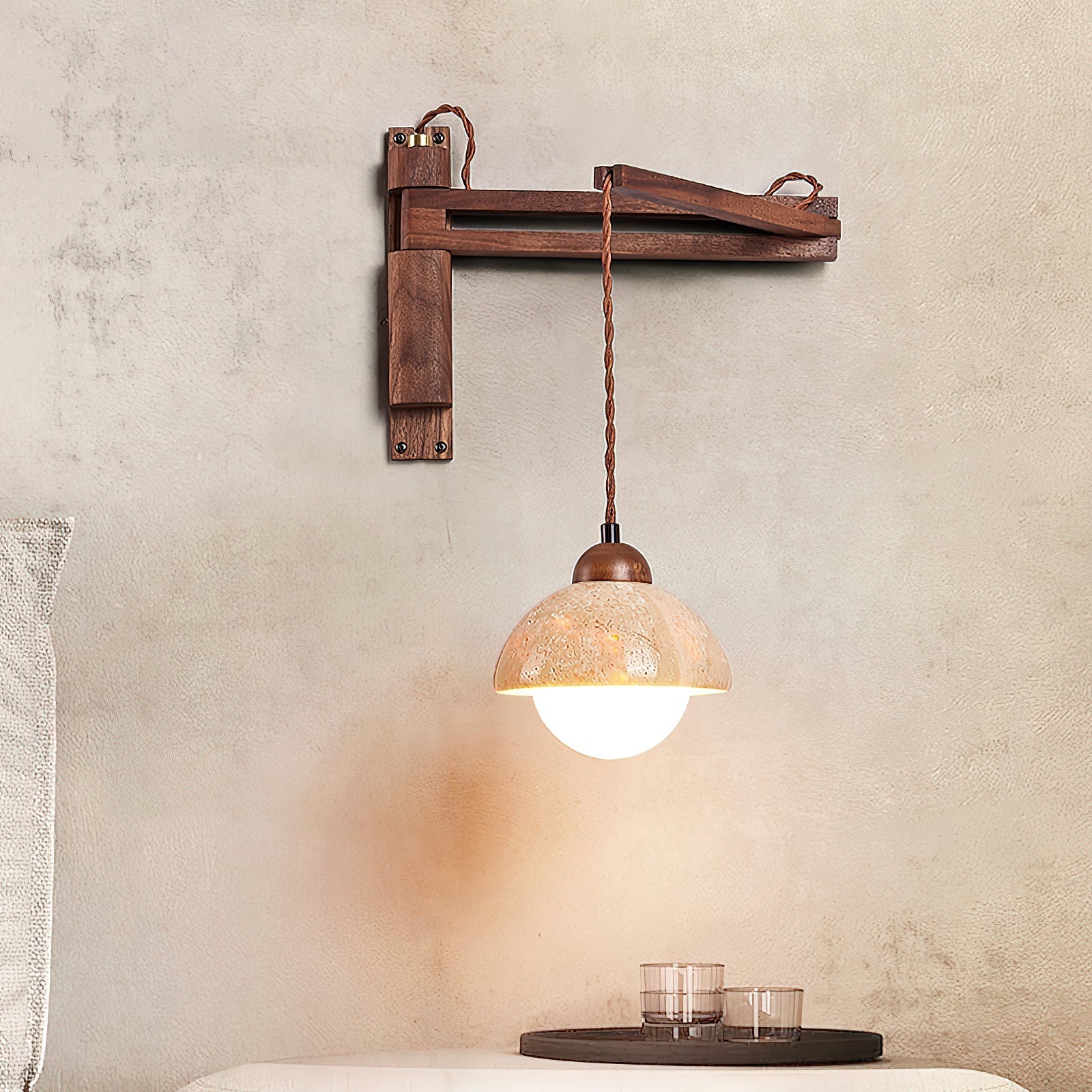 Tia Travertine Swing Arm Plug-in Sconce | Souliia