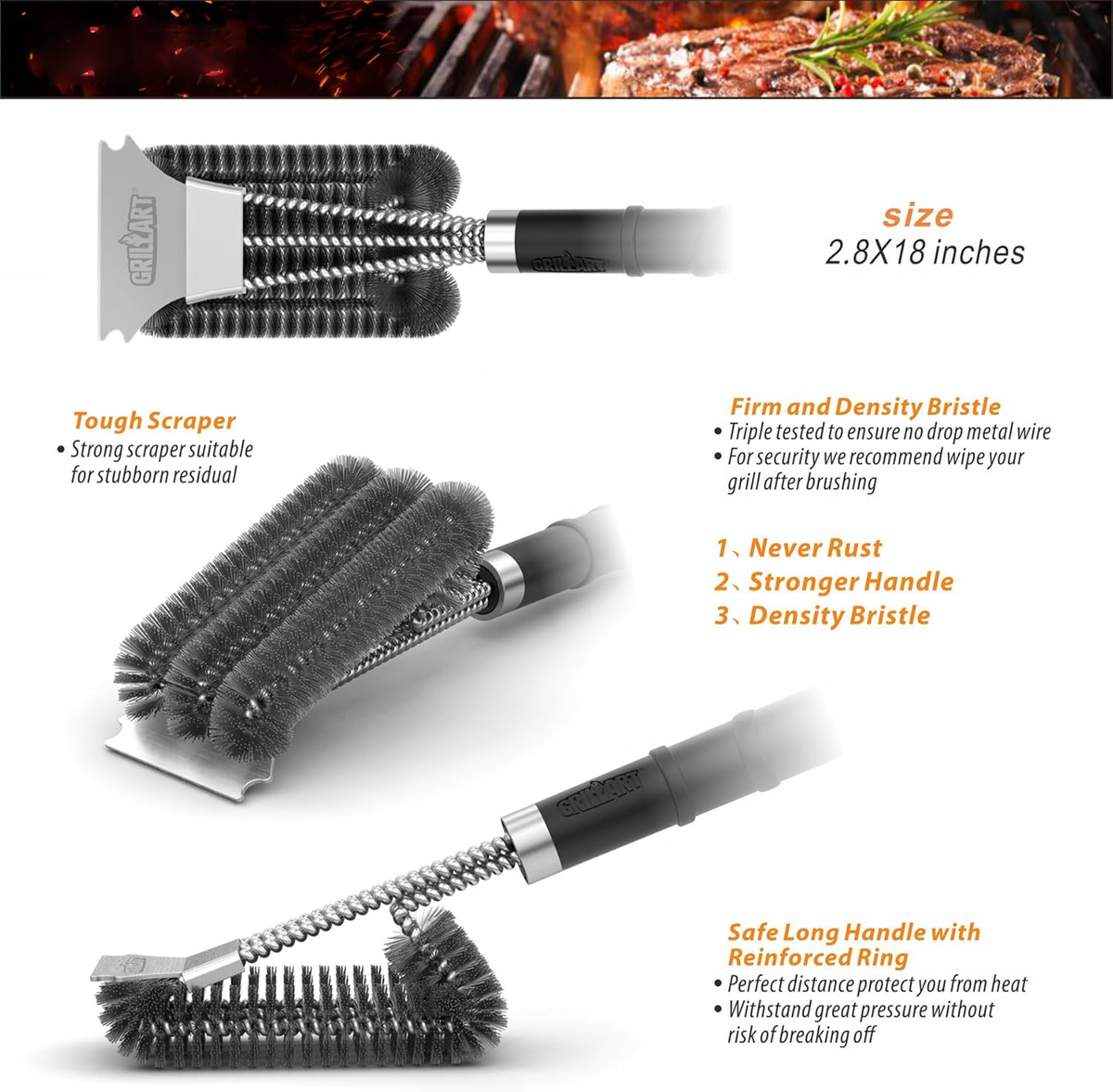 Brosse à barbecue à triple tête et à 360 degrés pour les résidus tenaces