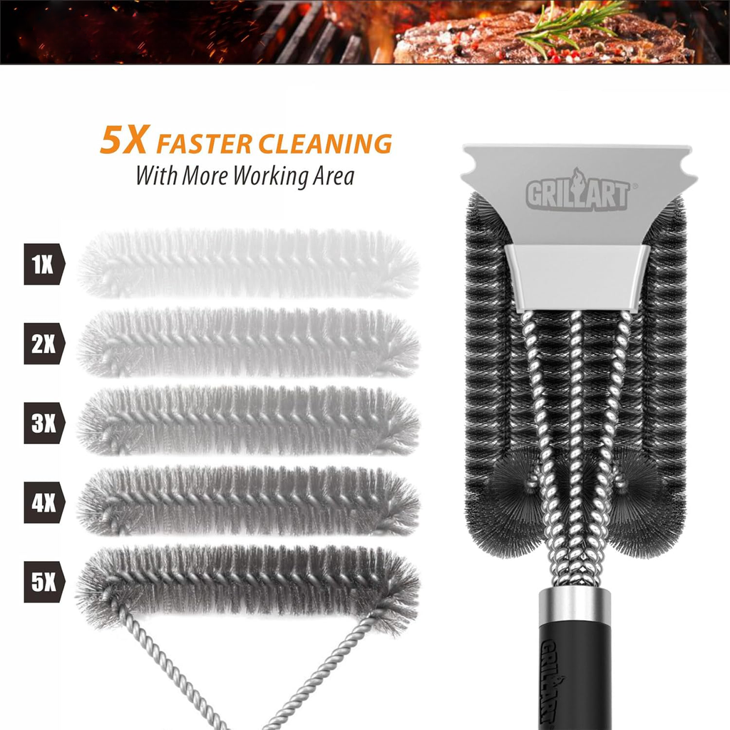 Brosse à barbecue à triple tête et à 360 degrés pour les résidus tenaces