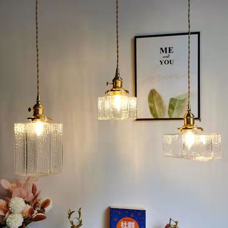 Traditionelle Vintage Quadrat Rechteck Wellen-Glas Eisen 1-Flammige Pendelleuchte für Wohnzimmer | Souliia