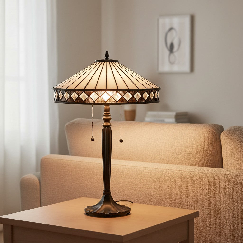 TF Geometric Stained Glass Table Lamp with Amber and Cream Panels – Tiffany Style Accent Lamp for Bedroom and Study | Souliia