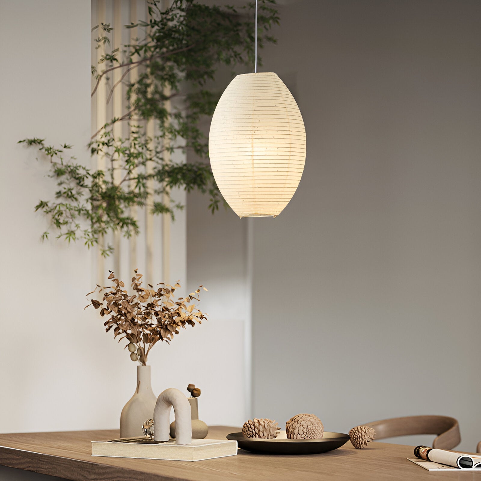 Traditionelle Japandi Wabi-Sabi Elliptische Papier-Pendelleuchte | Souliia