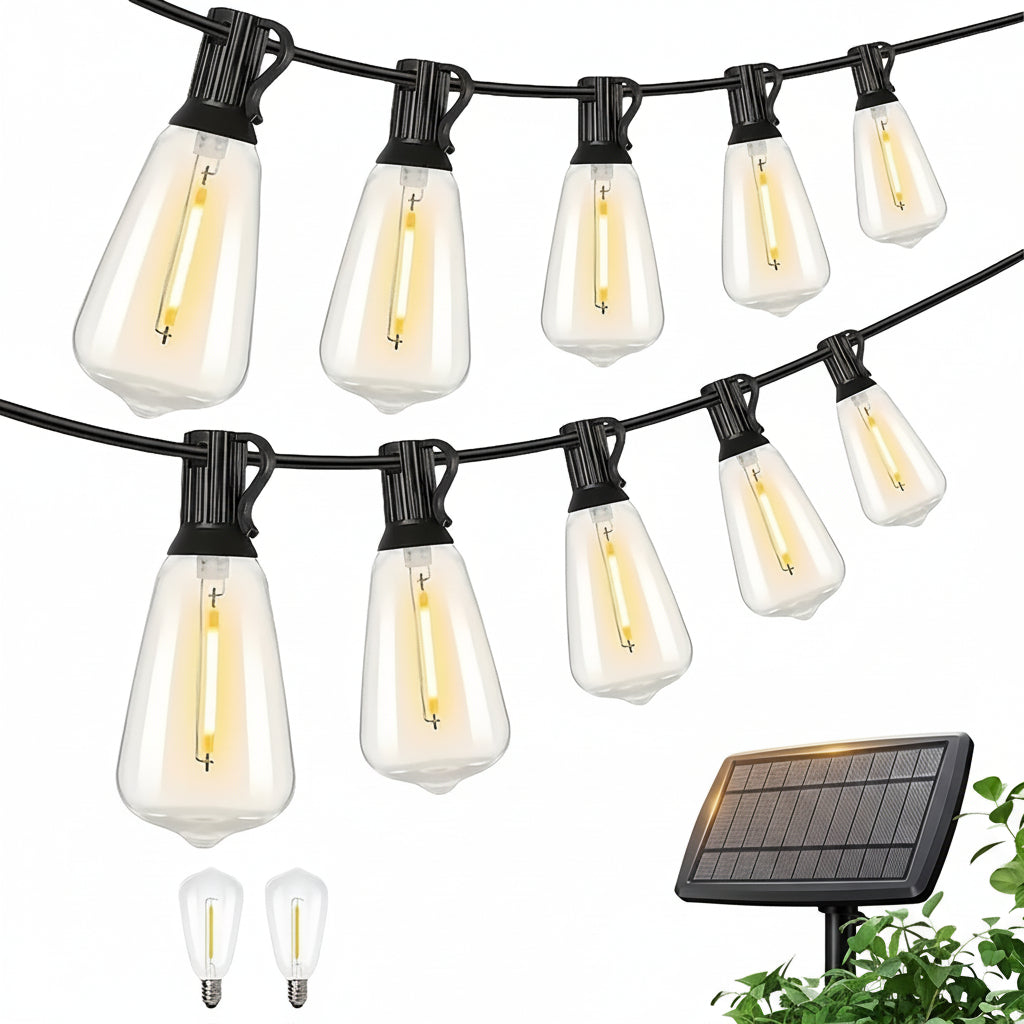 Solara Solar LED String Lights — 100-Foot Length, Dimmable Yellow ST38 Bulbs