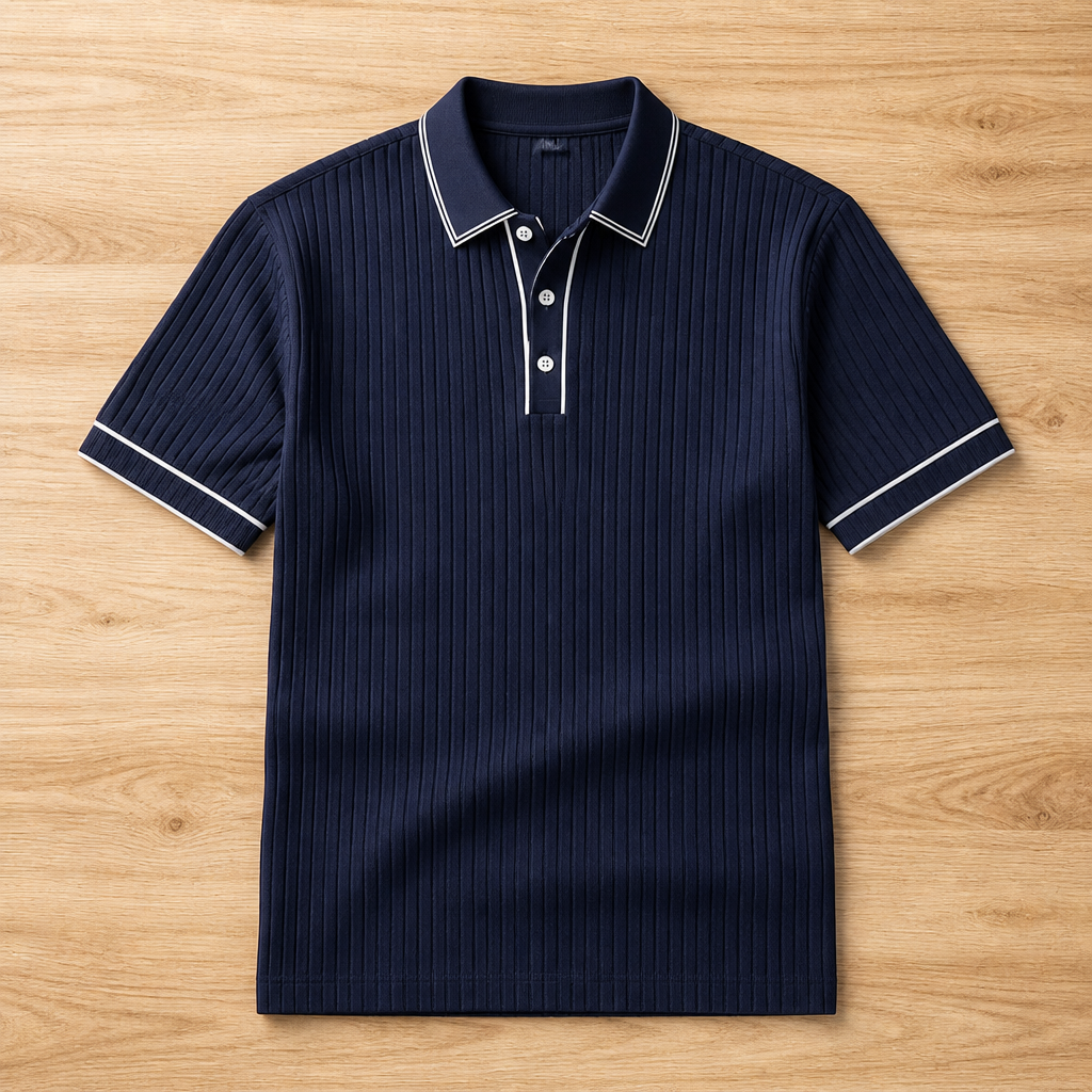 VeroStride – Retro Ribbed-Knit Polo with Contrast Tipped Collar - Souliia