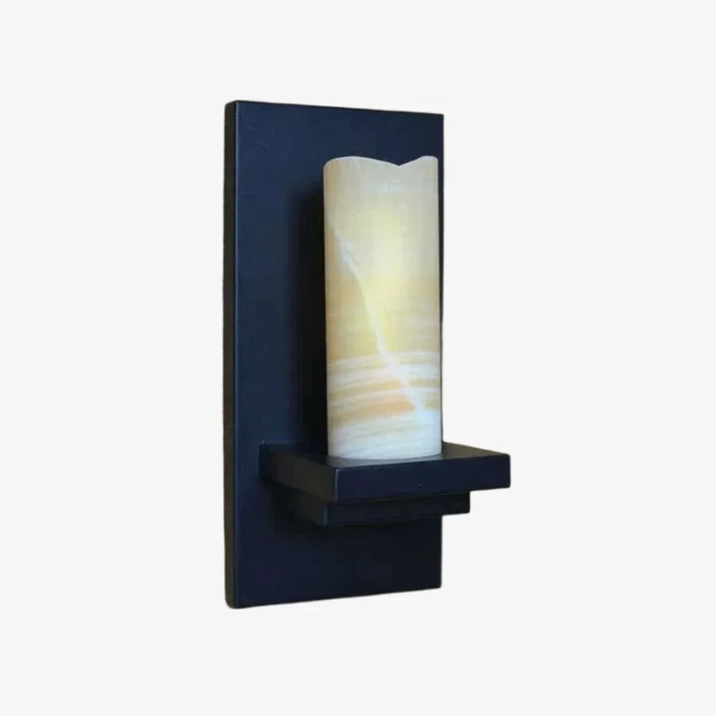 Rustic Black Metal Wall Sconce with Cream Stone-Look Shade | Souliia