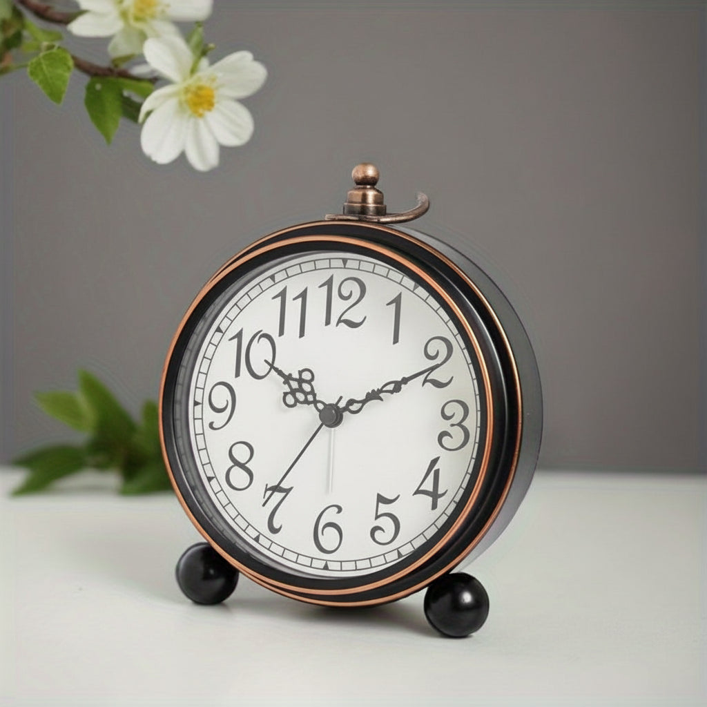 ElegantTime Metal Nightstand Alarm Clock — Quiet Analog Movement, Large Clear Display