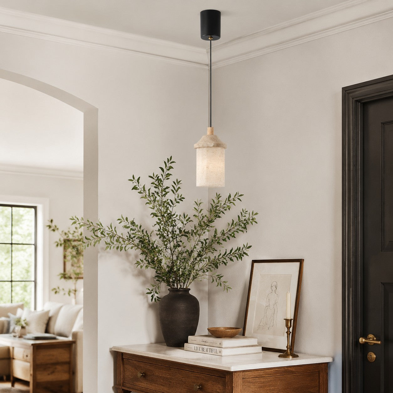 Travertine Pendant Light with Natural Stone Texture | Souliia
