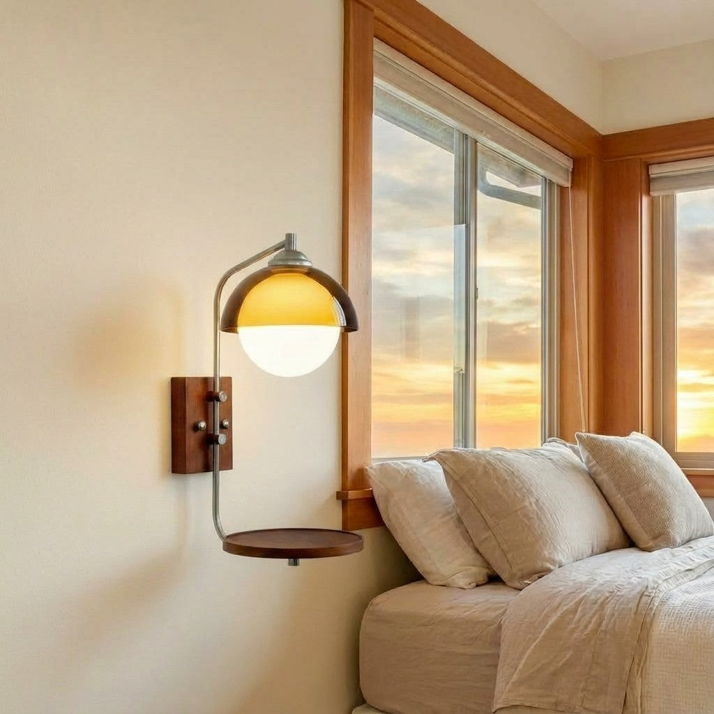 Sunset Glow Moderne Wandleuchte mit Acrylschirm und Holzstruktur-Basis für Schlafzimmer, Flur, Wohnzimmer | Souliia