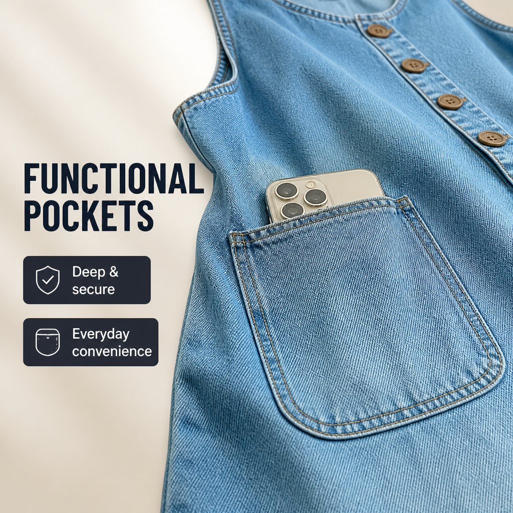 VelaStream – Combinaison en denim décontractée à boutons sur le devant avec poches spacieuses - Souliia