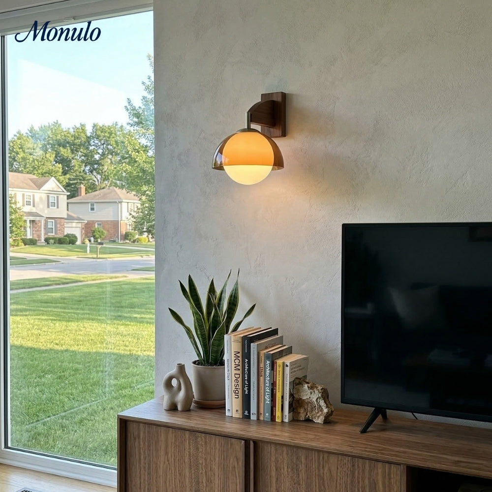 Sunset Glow Moderne Wandleuchte mit Acrylschirm und Holzstruktur-Basis für Schlafzimmer, Flur, Wohnzimmer | Souliia