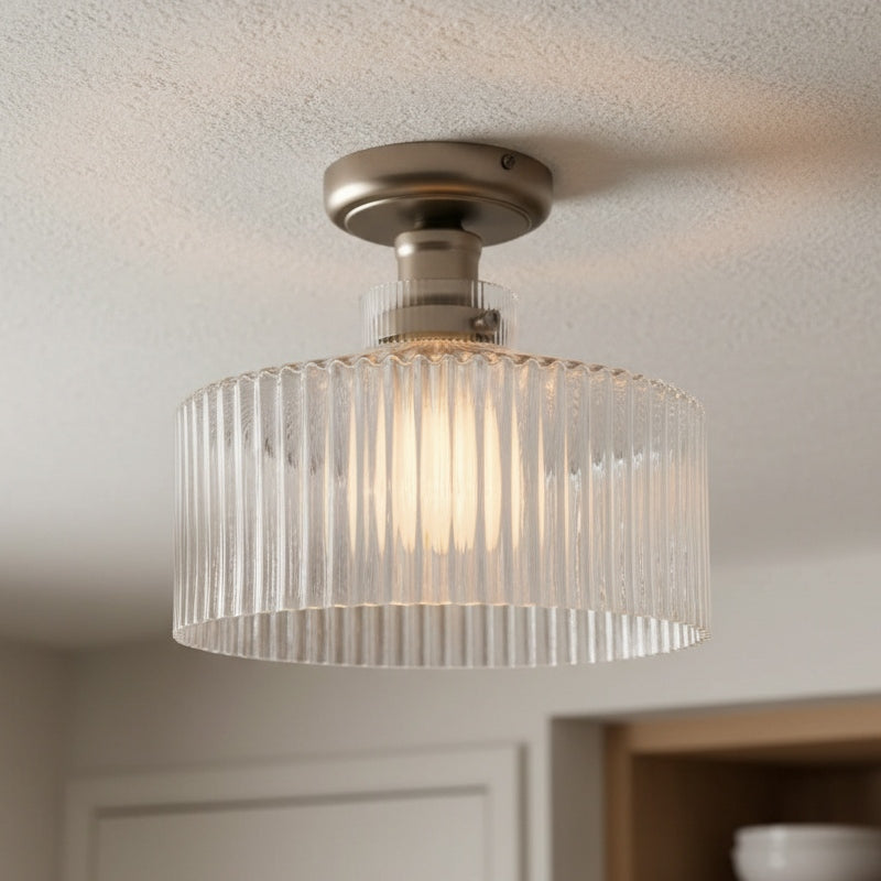 Ribora Ribbed Glass Metal Flush Mount Industrial Style - Bedroom Hallway Lighting U05 | Souliia