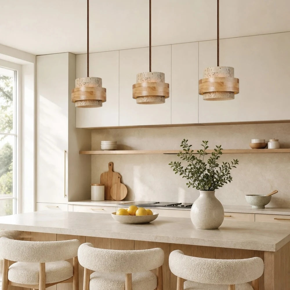 Travertine Stone and Wood Pendant Lamp | Souliia