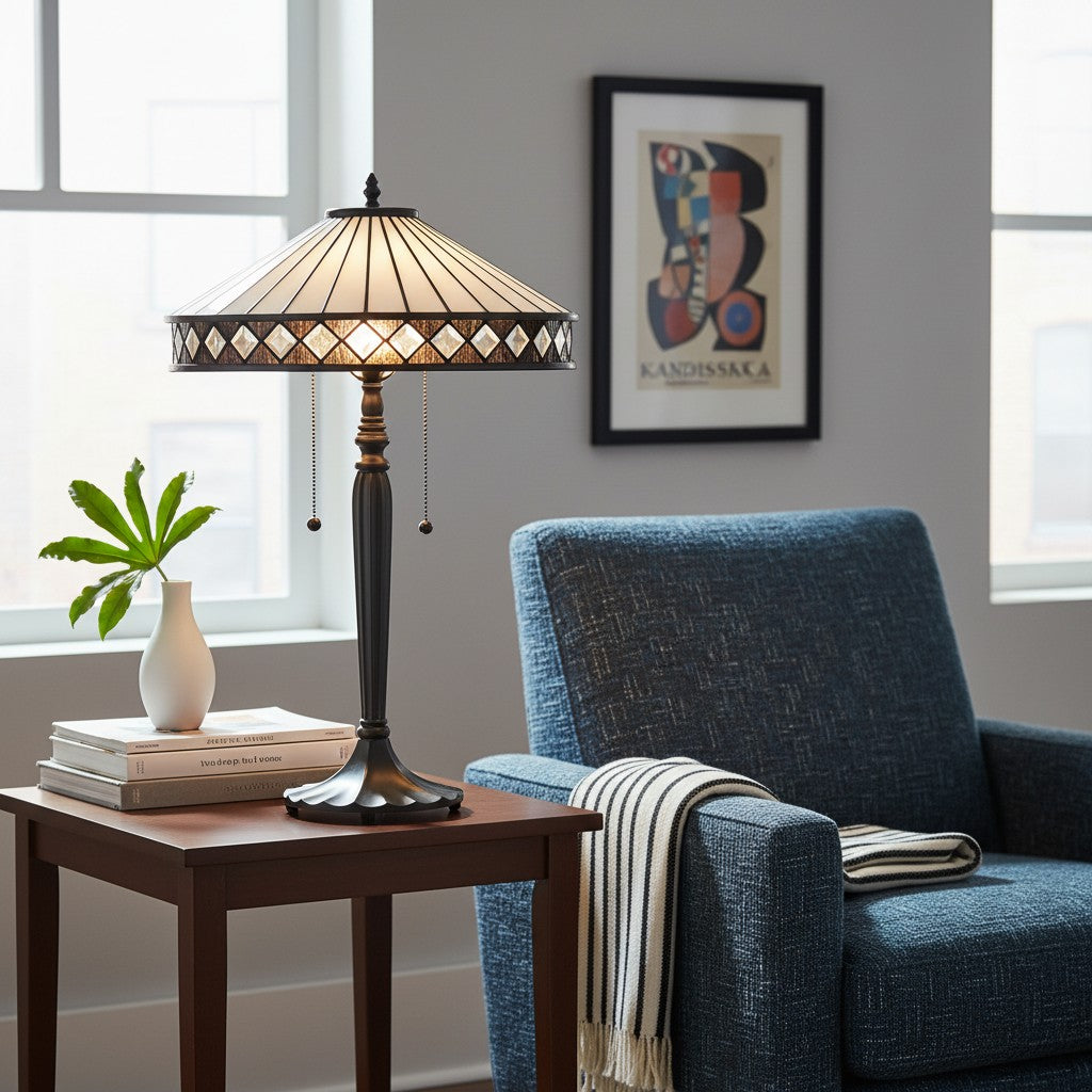 TF Geometric Stained Glass Table Lamp with Amber and Cream Panels – Tiffany Style Accent Lamp for Bedroom and Study | Souliia