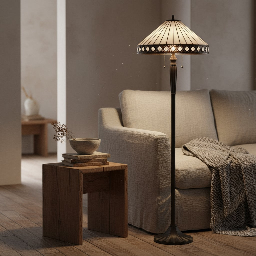 TF Geometric Stained Glass Table Lamp with Amber and Cream Panels – Tiffany Style Accent Lamp for Bedroom and Study | Souliia