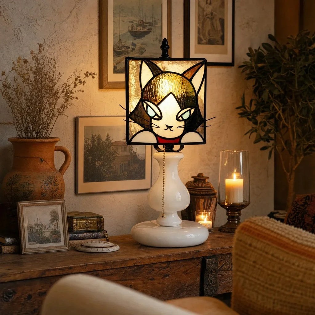 Finurlig bordlampe i farvet glas med kattemotiv | Souliia
