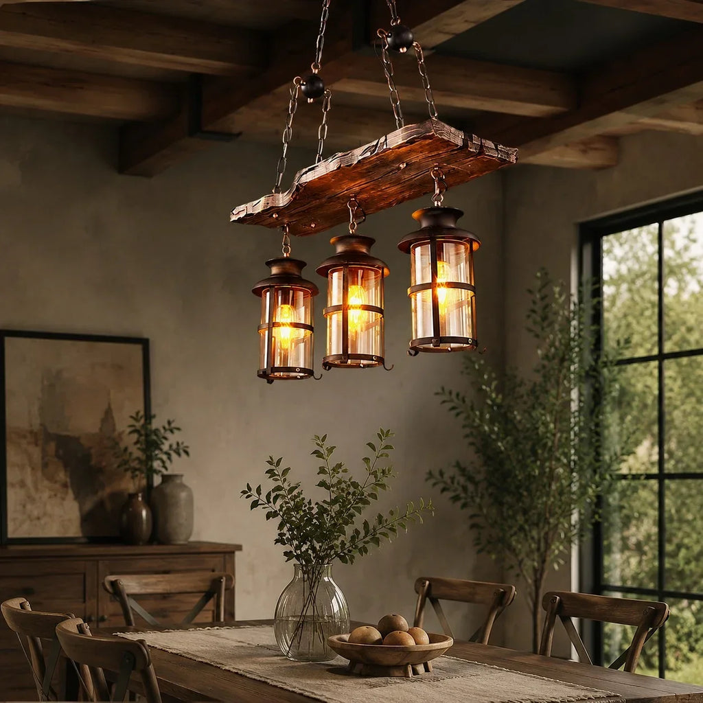 Rustic Industrial Solid Wood Pendant Light Collection | Souliia