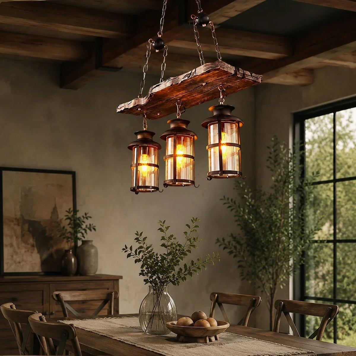 Rustic Industrial Solid Wood Pendant Light Collection | Souliia