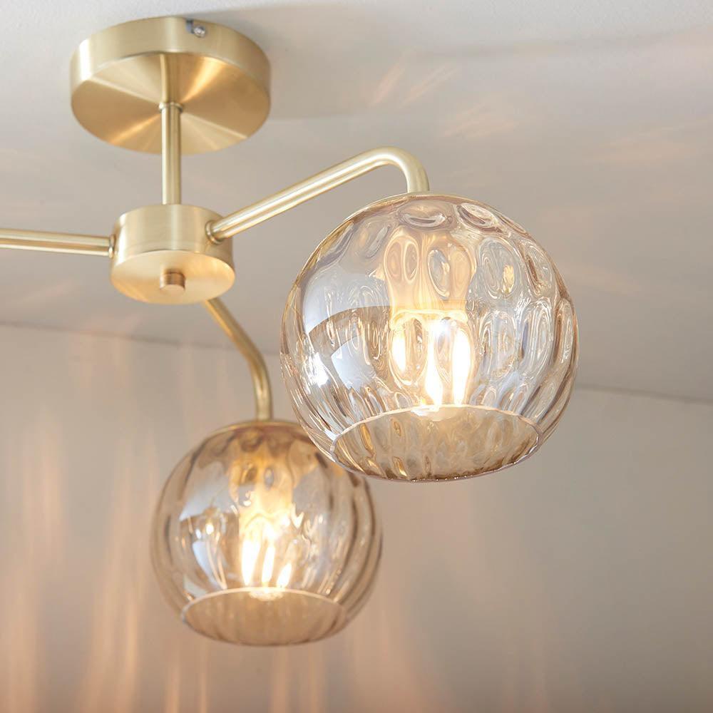 Rivolence 3 Light Brass Flush Ceiling Light – Textured Glass Shades for Living Room & Dining Space | Souliia