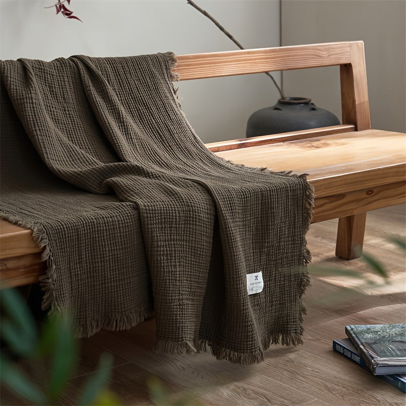Olivebreeze Four-Layer Cotton Gauze Blanket — Elegant Fringe Trim, Lightweight Weave