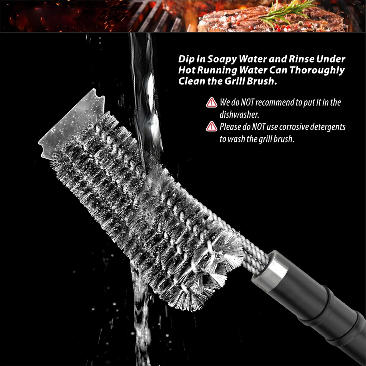 Brosse à barbecue à triple tête et à 360 degrés pour les résidus tenaces
