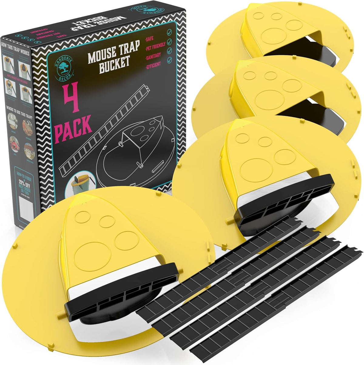 4-Pack 5-Gallon Bucket Lid Mouse Trap — Multi-Catch Design