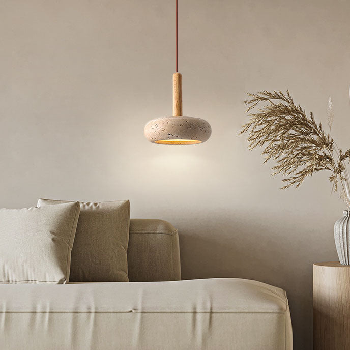 Traditional Japanese Round Wood Travertine Pendant Light M18 | Souliia