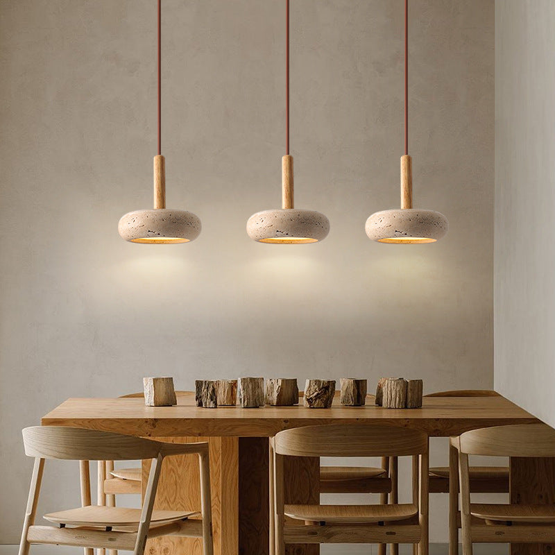 Traditional Japanese Round Wood Travertine Pendant Light M18 | Souliia