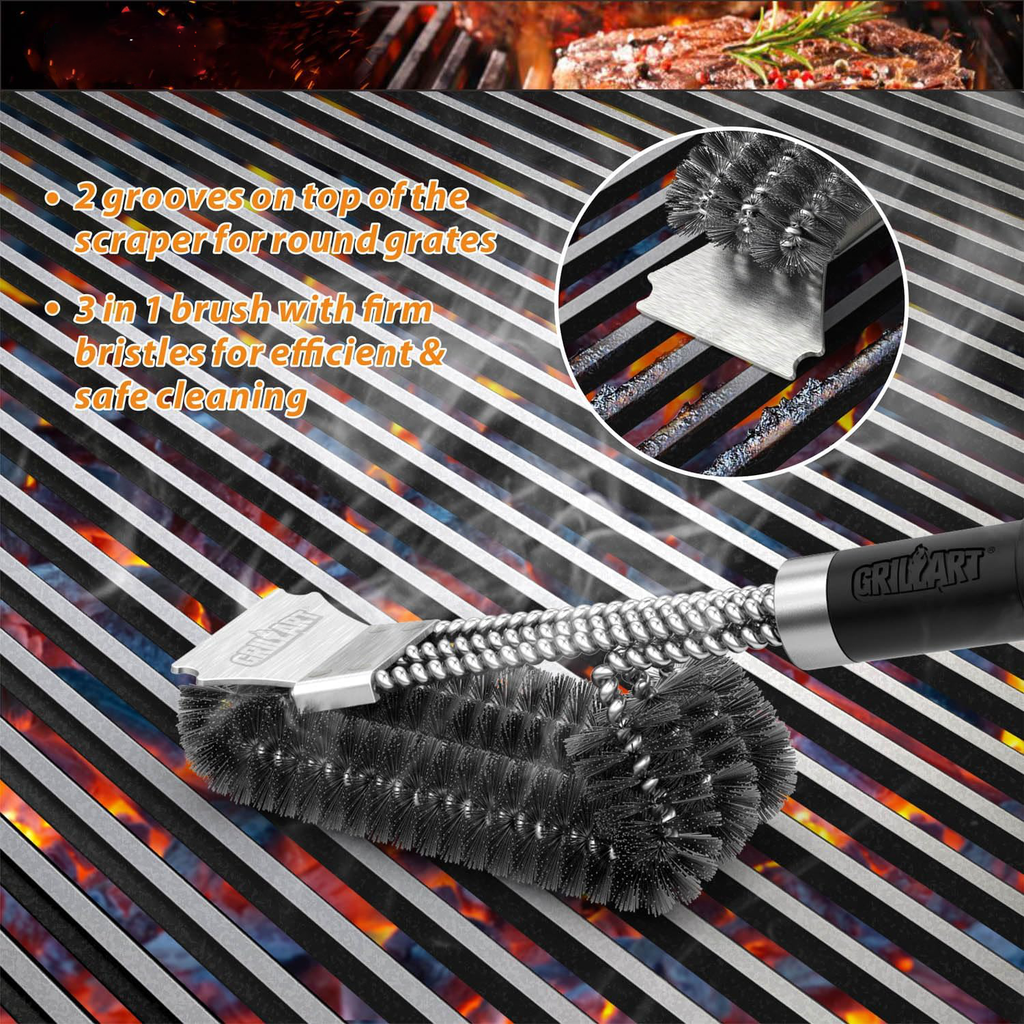 Brosse à barbecue à triple tête et à 360 degrés pour les résidus tenaces