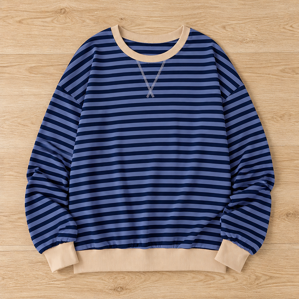VeroLuxe – Relaxed Striped Crewneck Sweatshirt with Contrast Trim - Souliia