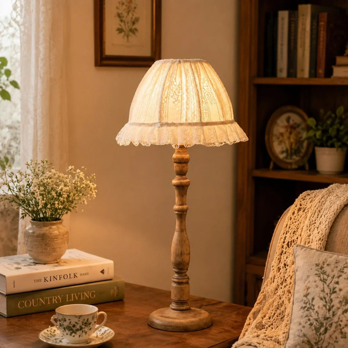 Vintage sengelampe i træ med stofskærm | Souliia