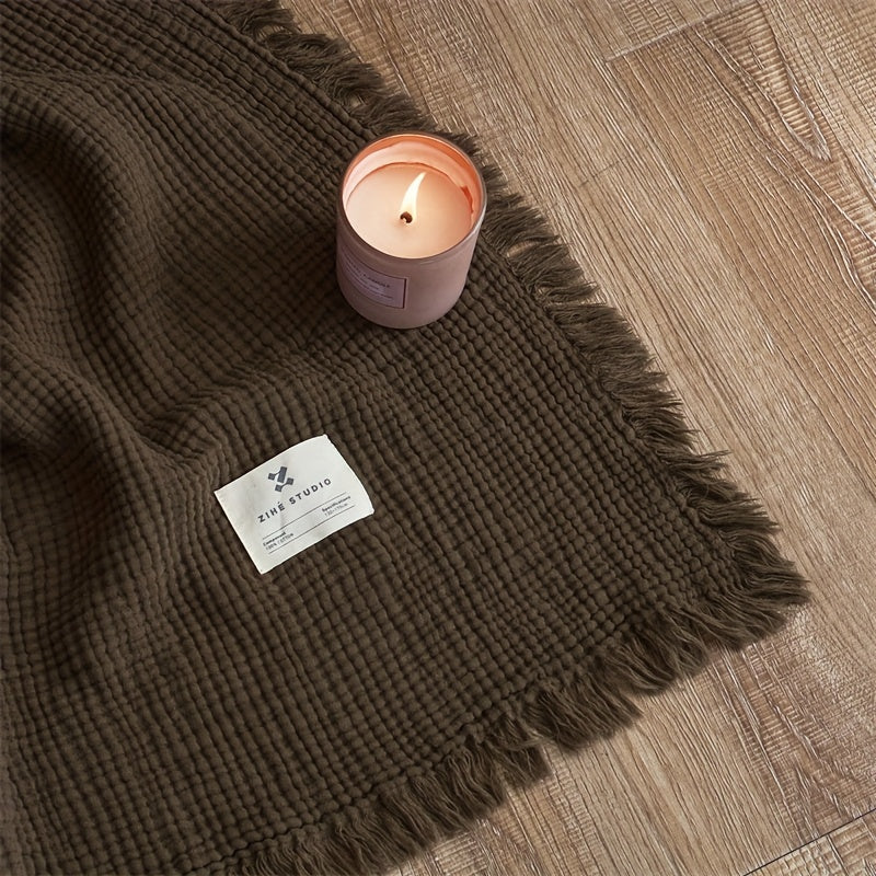 Olivebreeze Four-Layer Cotton Gauze Blanket — Elegant Fringe Trim, Lightweight Weave