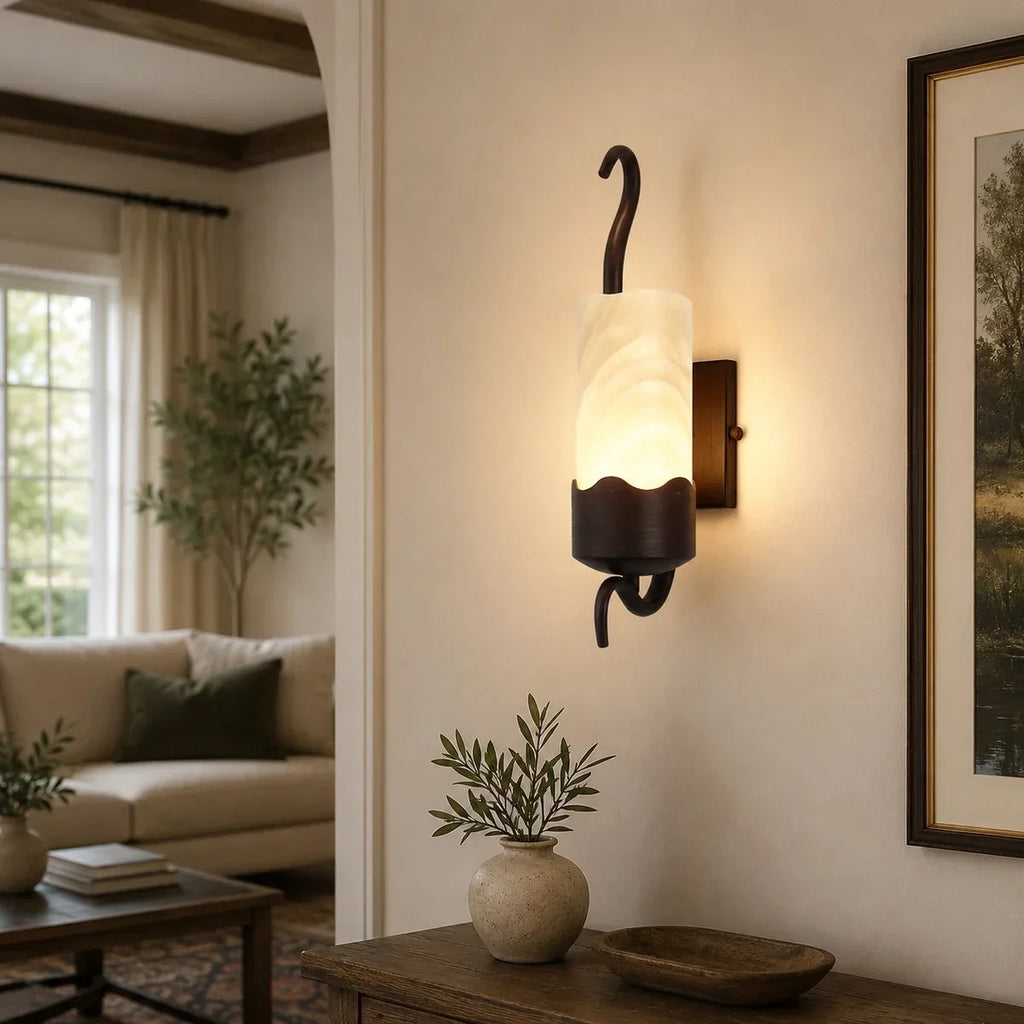 Rustic Alabaster-Style Wall Sconce with Black Metal Frame | Souliia