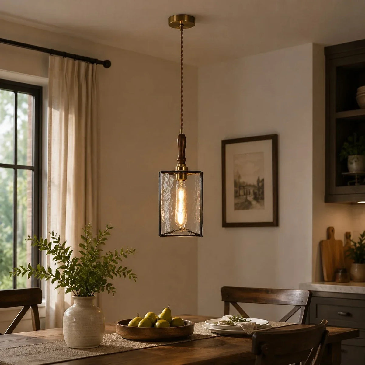 Vintage Textured Glass Pendant Light with Wood Accent | Souliia