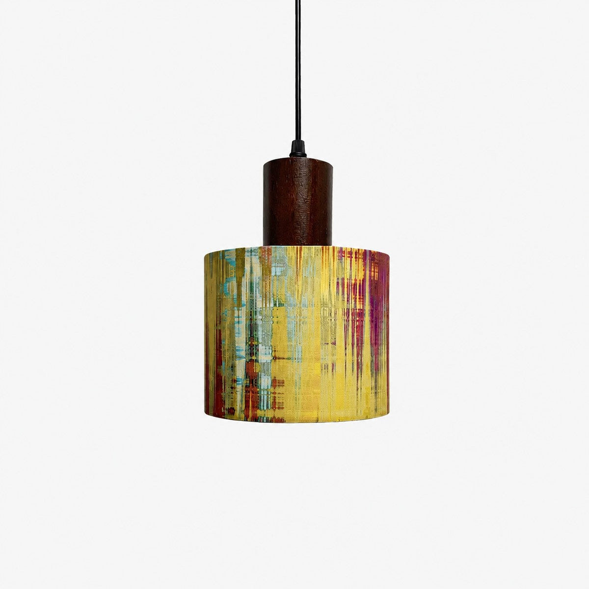 Printed Fabric Drum Pendant Light with Walnut Wood Holder | Souliia