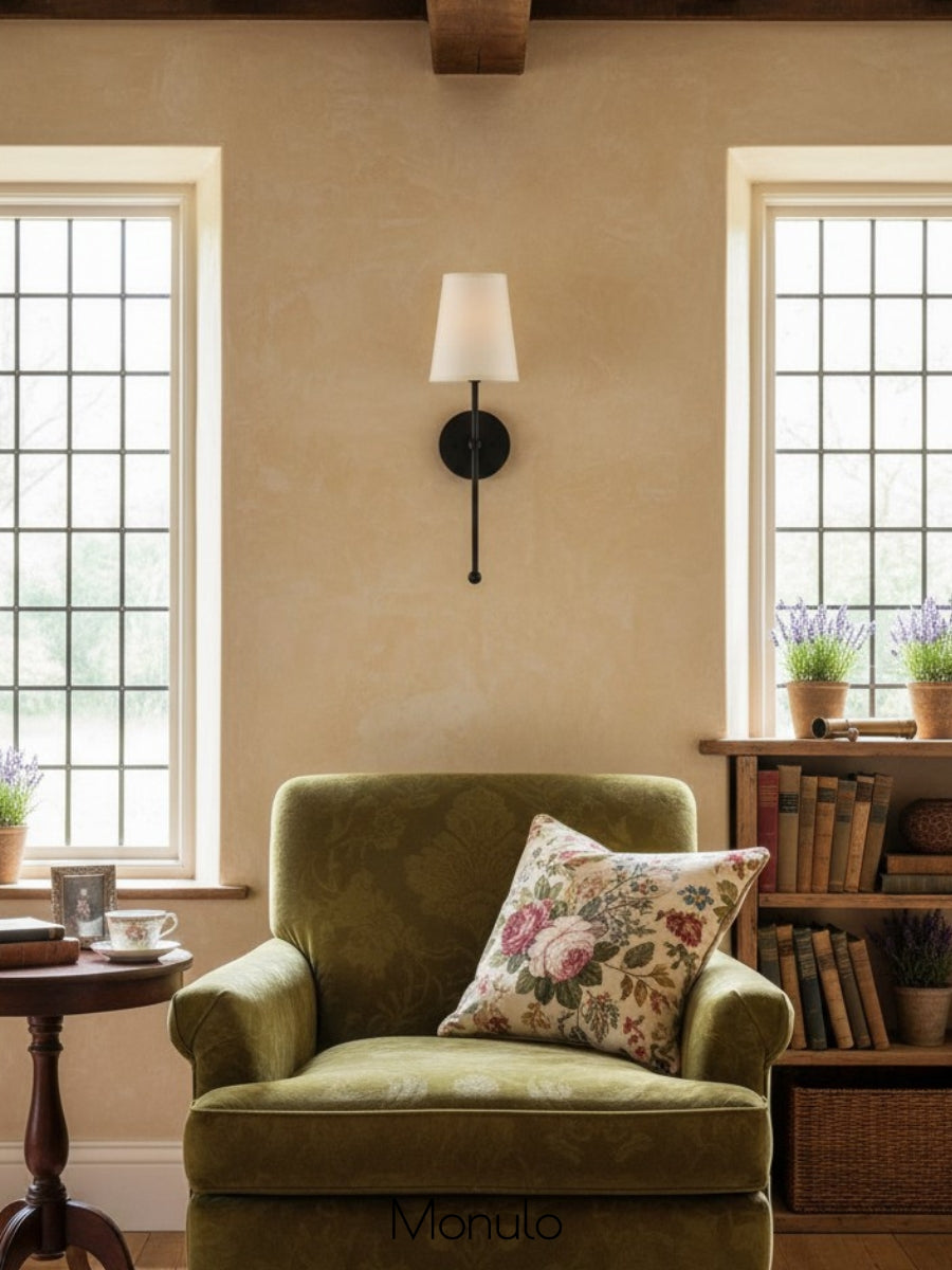 Rowan Nordic Rustic Brass Fabric Wall Lamp | Souliia