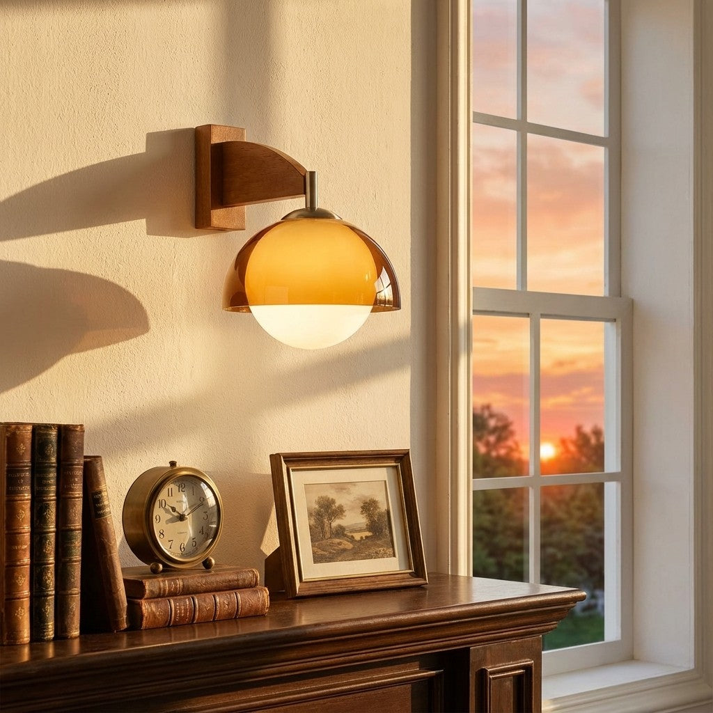 Sunset Glow Moderne Wandleuchte mit Acrylschirm und Holzstruktur-Basis für Schlafzimmer, Flur, Wohnzimmer | Souliia