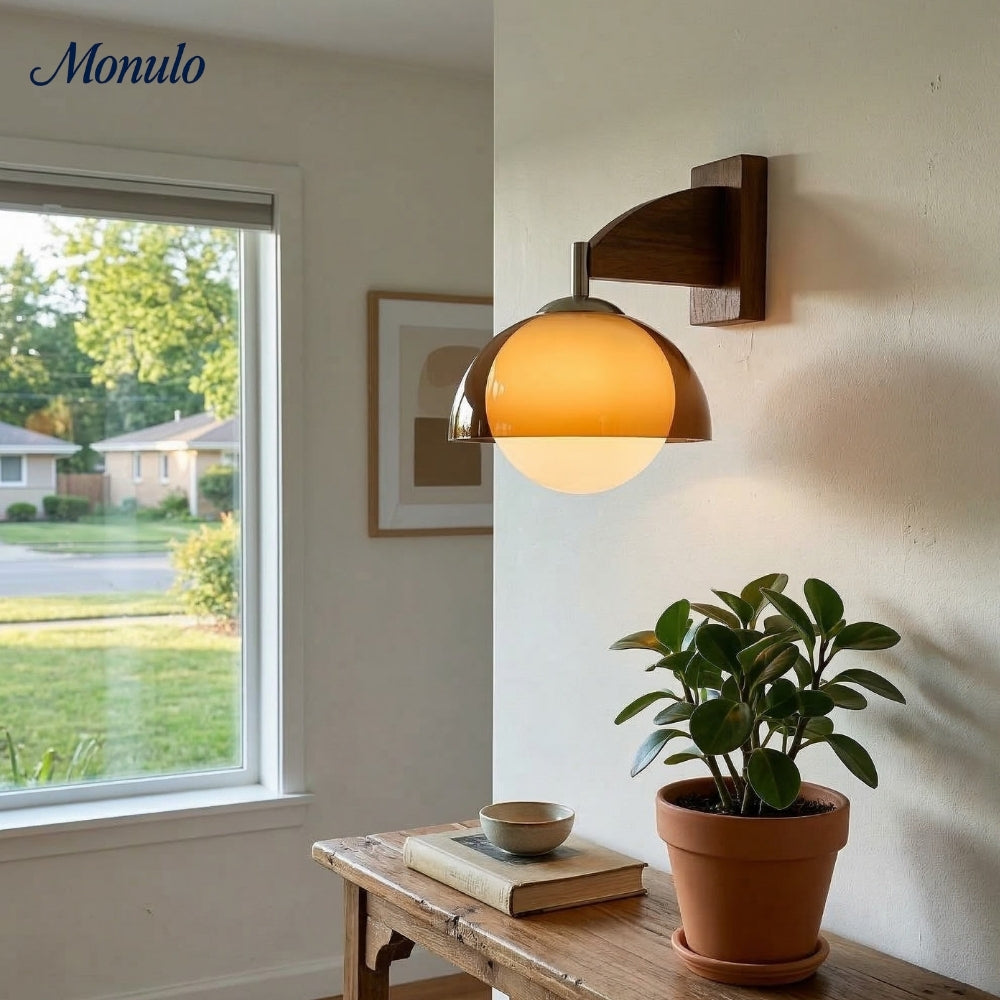 Sunset Glow Moderne Wandleuchte mit Acrylschirm und Holzstruktur-Basis für Schlafzimmer, Flur, Wohnzimmer | Souliia