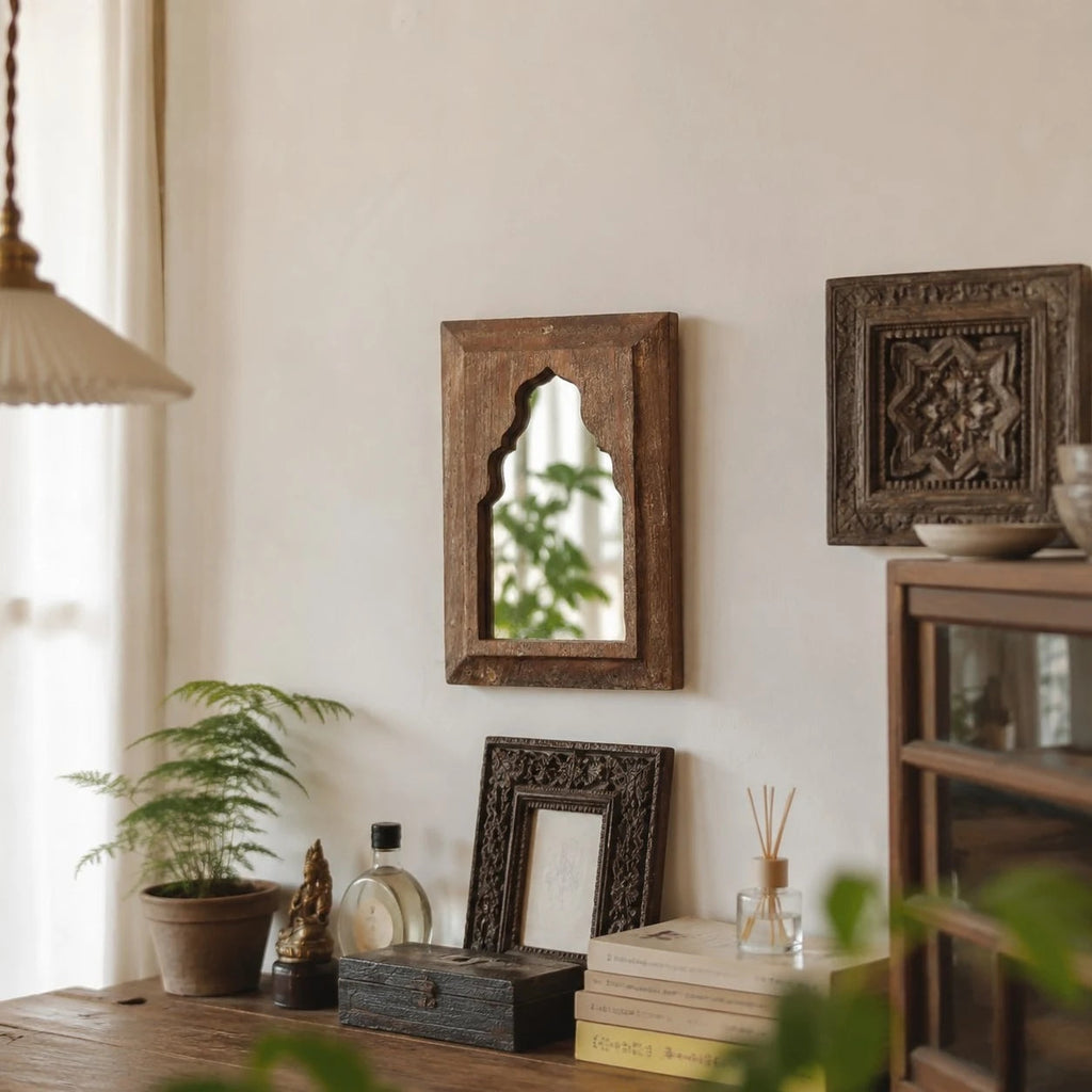 Rustic Carved Wood Arch Wall Mirror | Souliia
