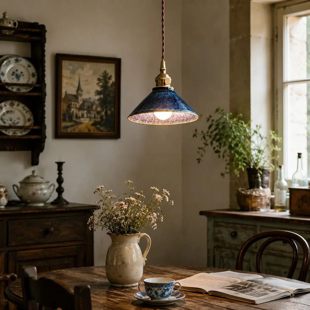 Lampada a sospensione vintage in ceramica smaltata a forno per sala da tè | Souliia