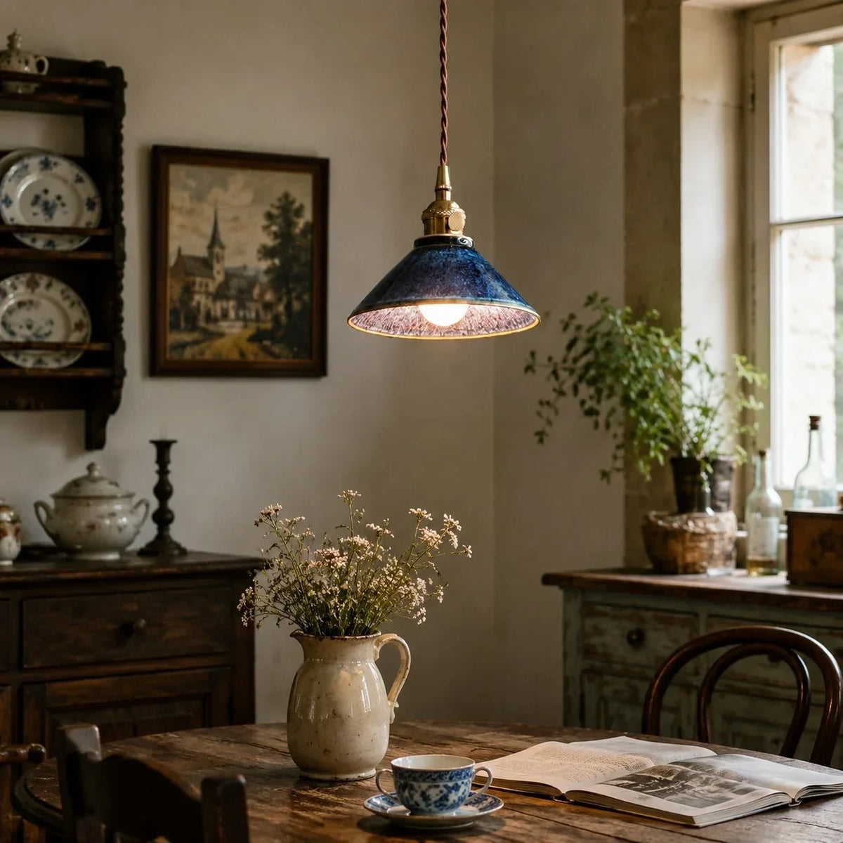Lampada a sospensione vintage in ceramica smaltata a forno per sala da tè | Souliia