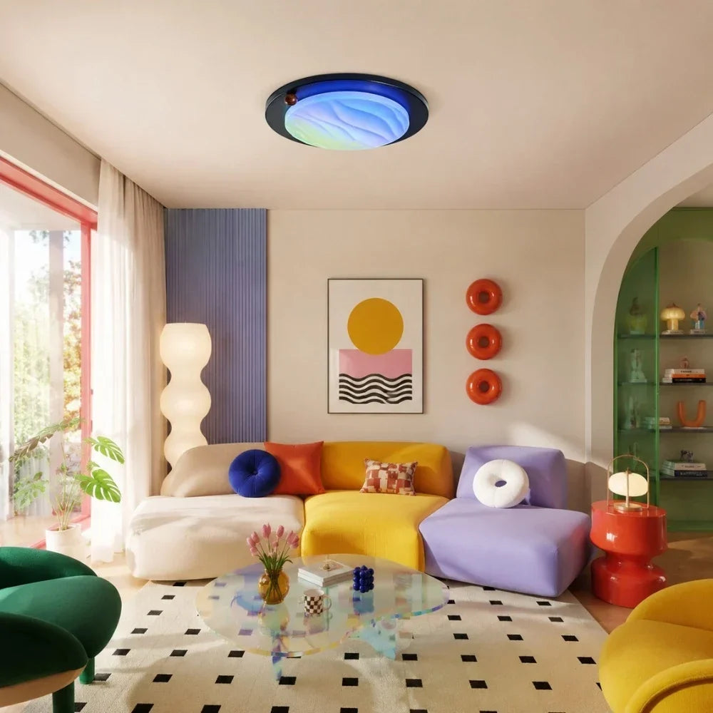 Diófa színű, RGB-s dinamikus égboltot megjelenítő mennyezeti lámpa | Souliia